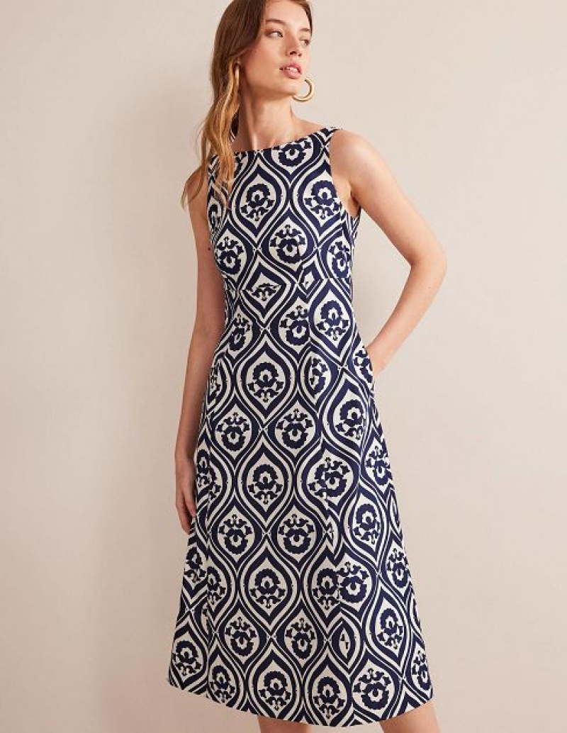 Navy Women's Boden Slash Neck Midi Dress | 27560XNHD