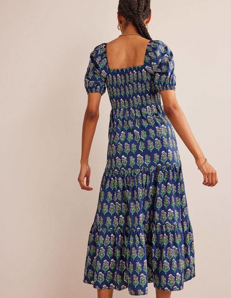 Navy Women's Boden Smocked Bodice Maxi Dress | 28530LOEZ