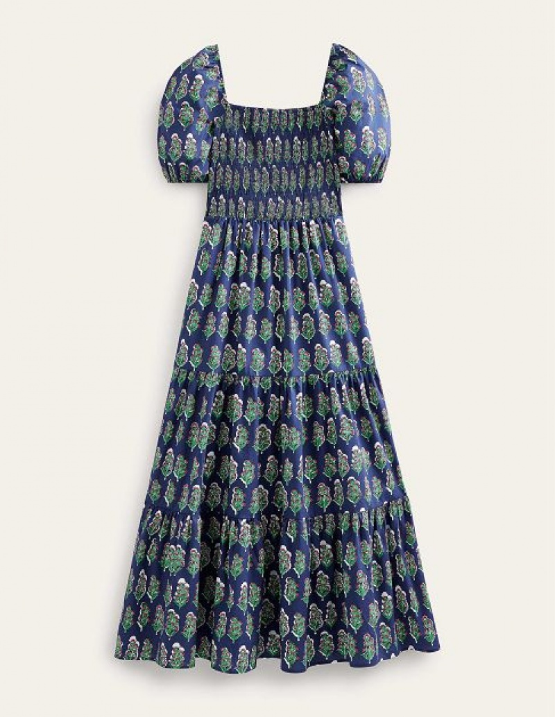 Navy Women's Boden Smocked Bodice Maxi Dress | 28530LOEZ