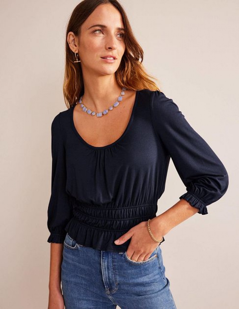 Navy Women's Boden Smocked Jersey Peplum Tops | 47362LGKP