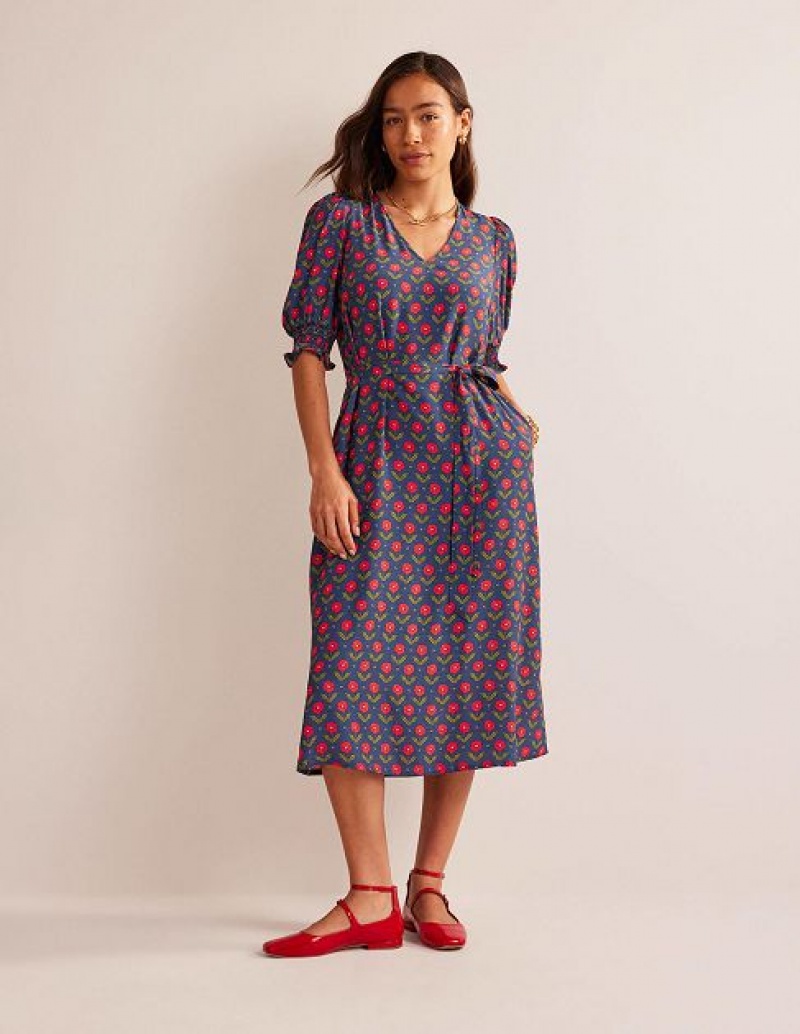 Navy Women's Boden Smocked-cuff Midi Dress | 85926XDTE