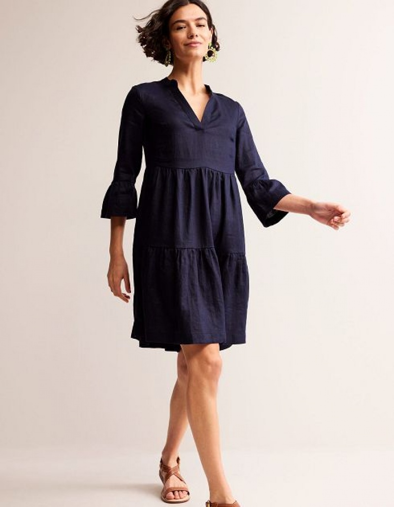 Navy Women's Boden Sophia Linen Short Dress | 29160NZPH