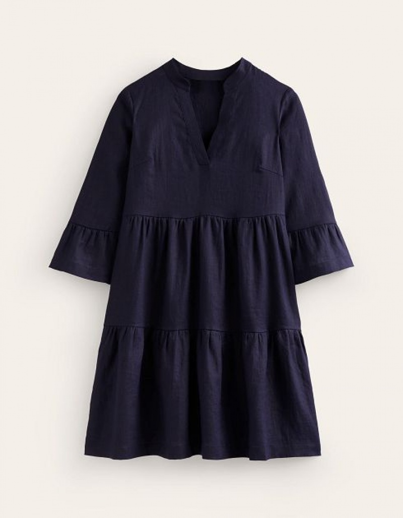 Navy Women's Boden Sophia Linen Short Dress | 29160NZPH