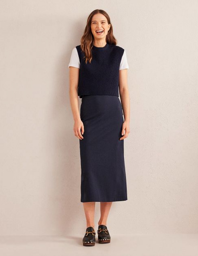 Navy Women\'s Boden Straight Jersey Skirts | 56134SPMH