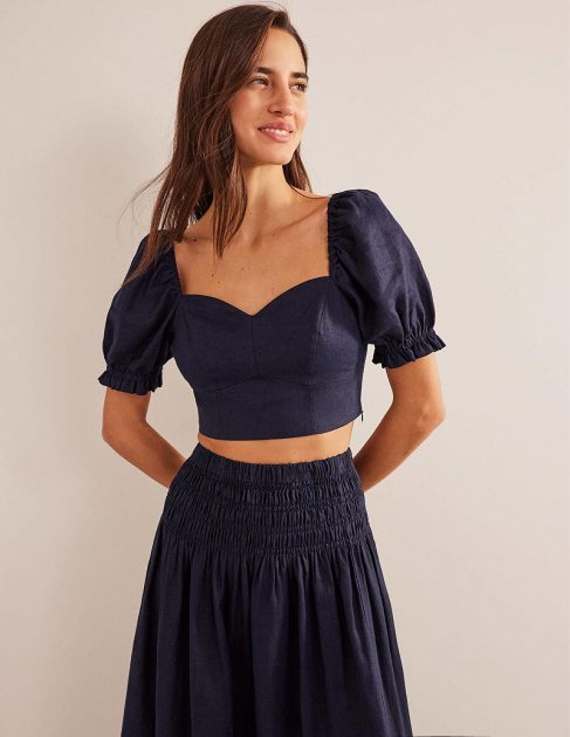 Navy Women's Boden Sweetheart Linen Cropped Tops | 29810XYLN