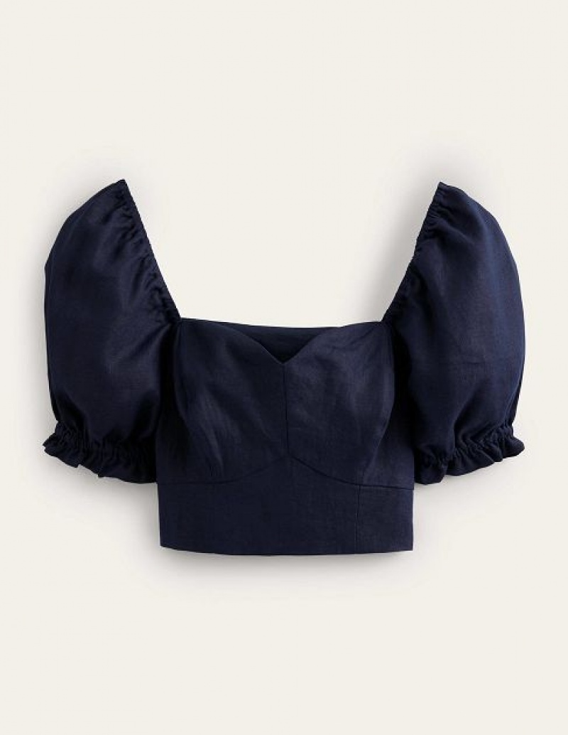 Navy Women's Boden Sweetheart Linen Cropped Tops | 29810XYLN