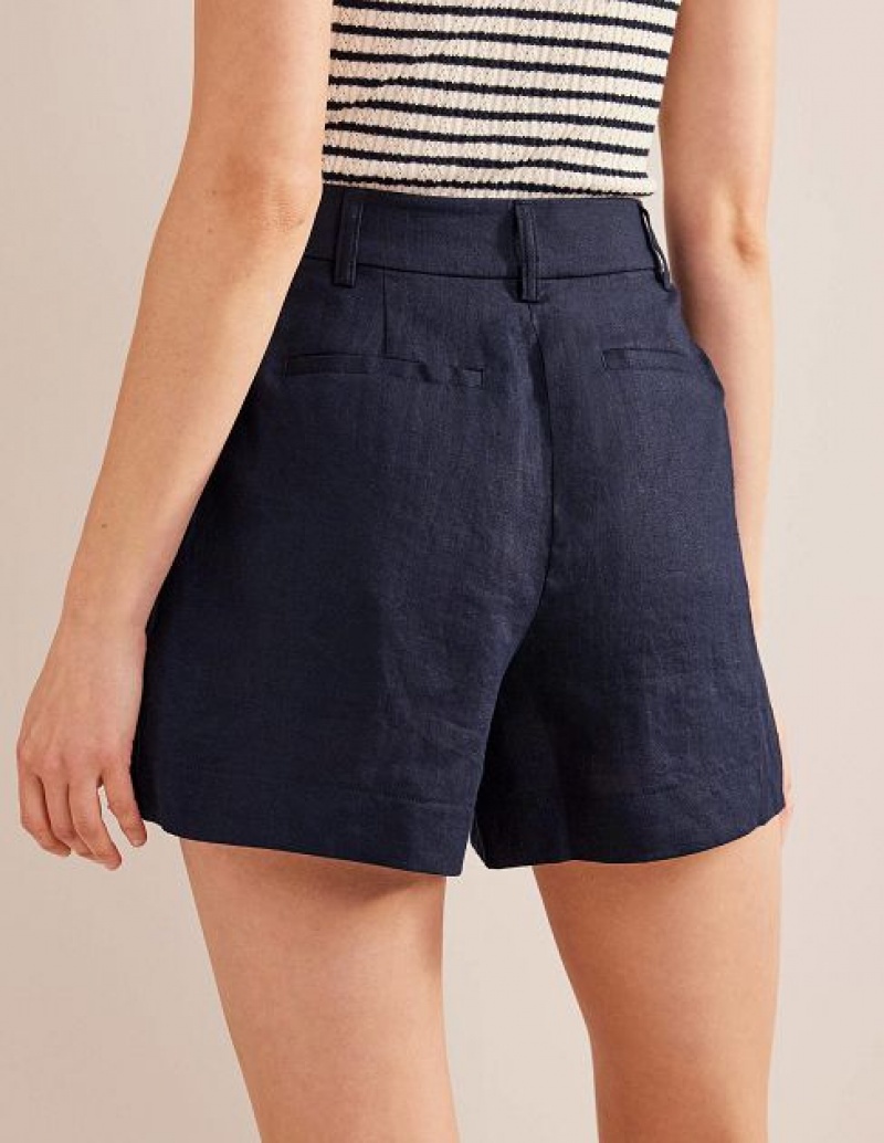 Navy Women's Boden Tailored Linen Shorts | 68713PNKF