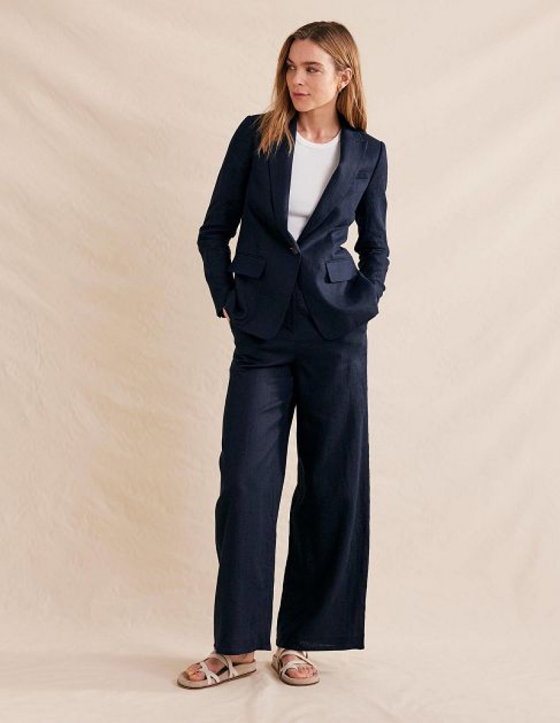 Navy Women's Boden The Cambridge Linen Blazers | 38650UNSB