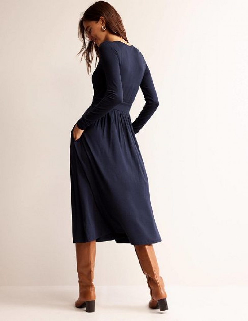 Navy Women's Boden Thea Long Sleeve Midi Dress | 87409WLGA