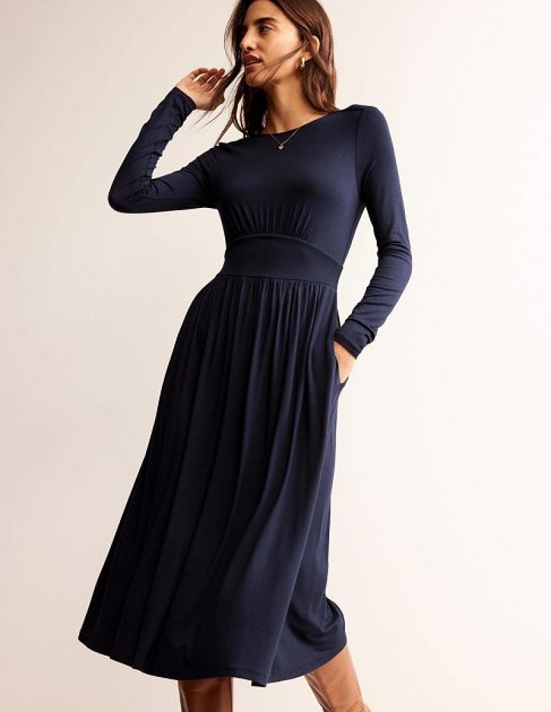 Navy Women's Boden Thea Long Sleeve Midi Dress | 87409WLGA