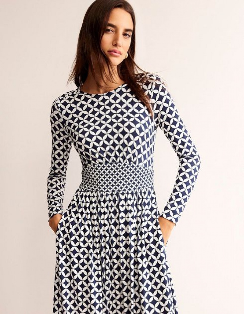 Navy Women's Boden Thea Long Sleeve Midi Dress | 51326JSLT