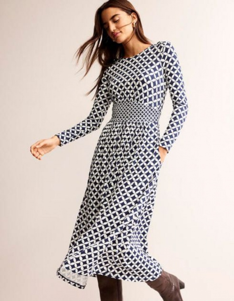 Navy Women's Boden Thea Long Sleeve Midi Dress | 51326JSLT