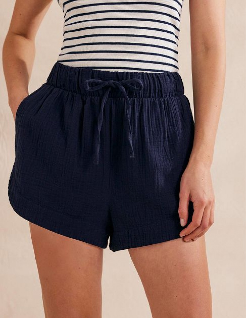 Navy Women's Boden Tie Waist Cheesecloth Shorts | 41789DZIQ