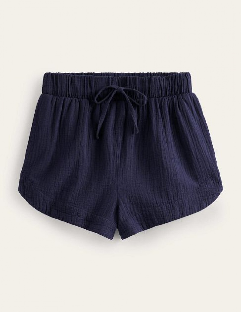 Navy Women's Boden Tie Waist Cheesecloth Shorts | 41789DZIQ