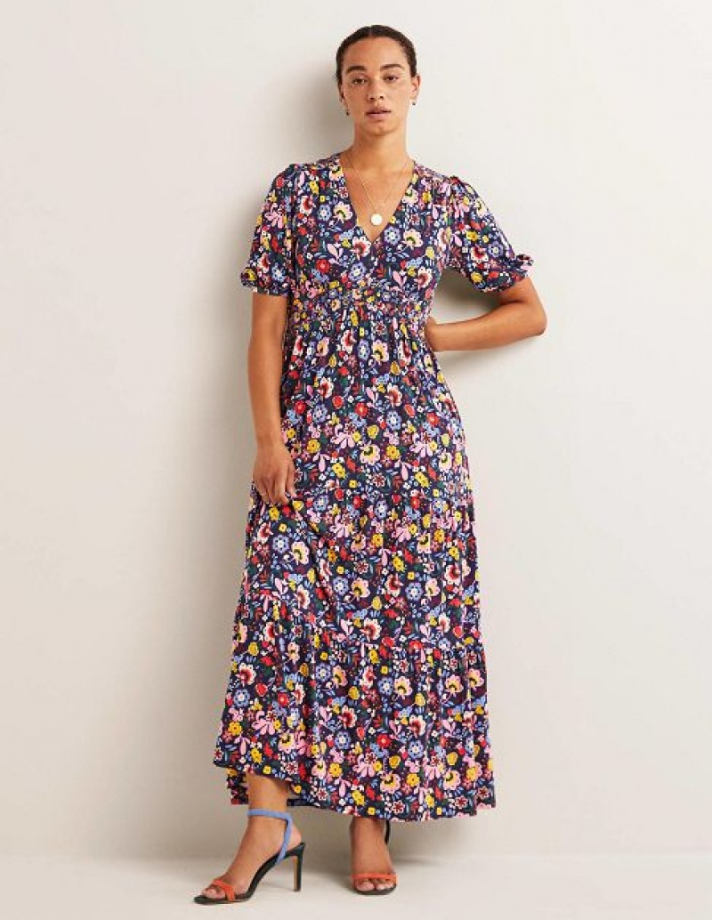 Navy Women\'s Boden Tiered Jersey Maxi Dress | 10583LTUK