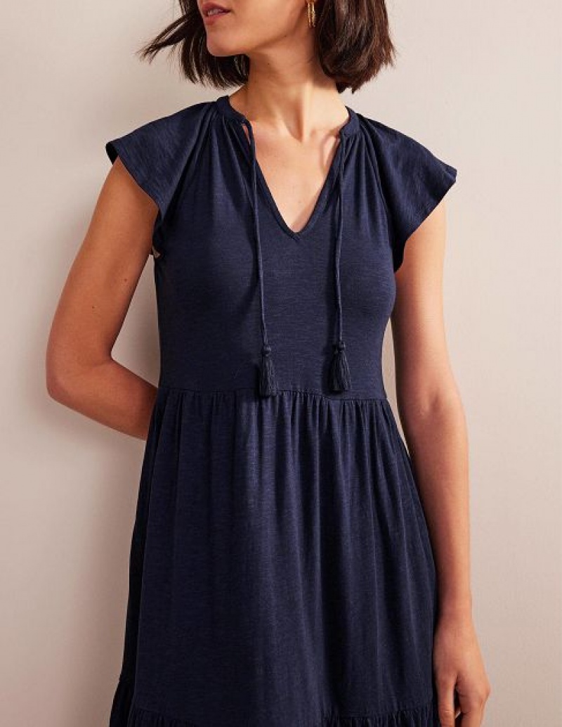 Navy Women's Boden Tiered Jersey Midi Dress | 10382HLEQ