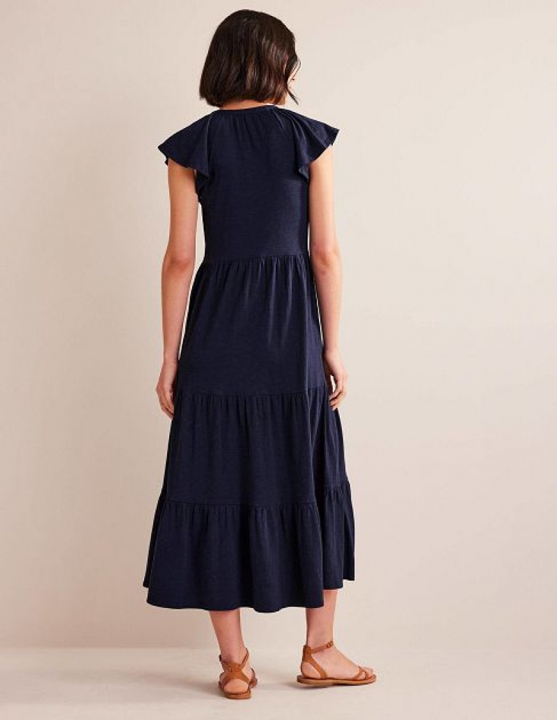 Navy Women's Boden Tiered Jersey Midi Dress | 10382HLEQ