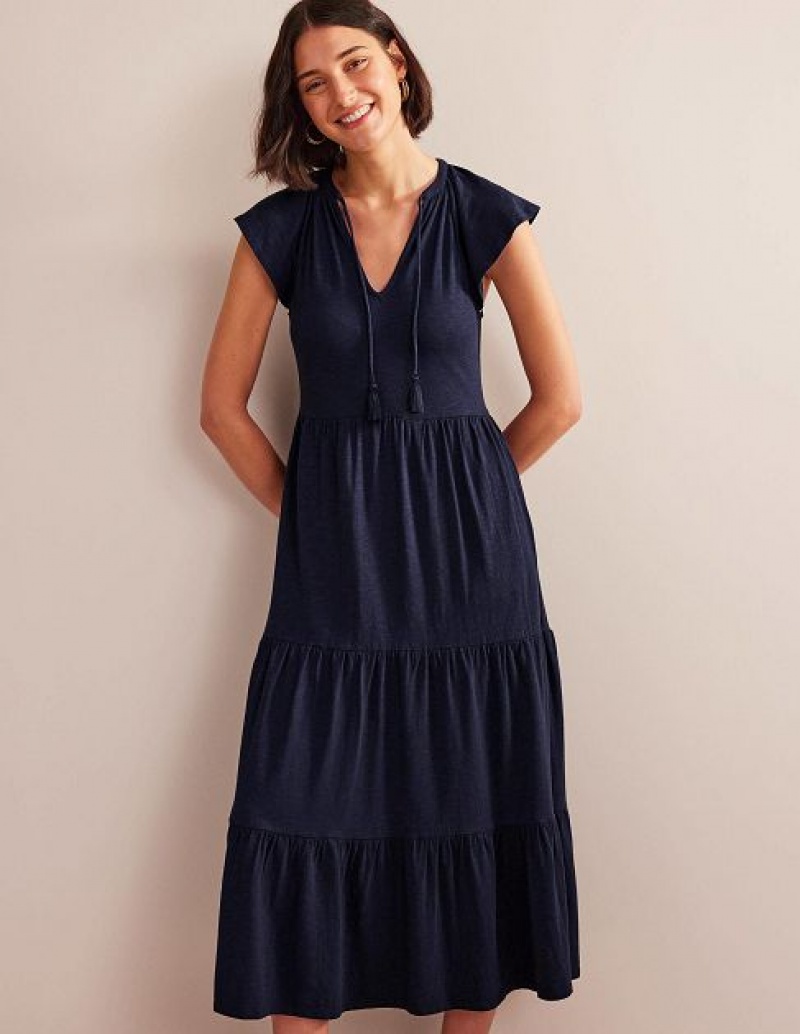 Navy Women's Boden Tiered Jersey Midi Dress | 10382HLEQ