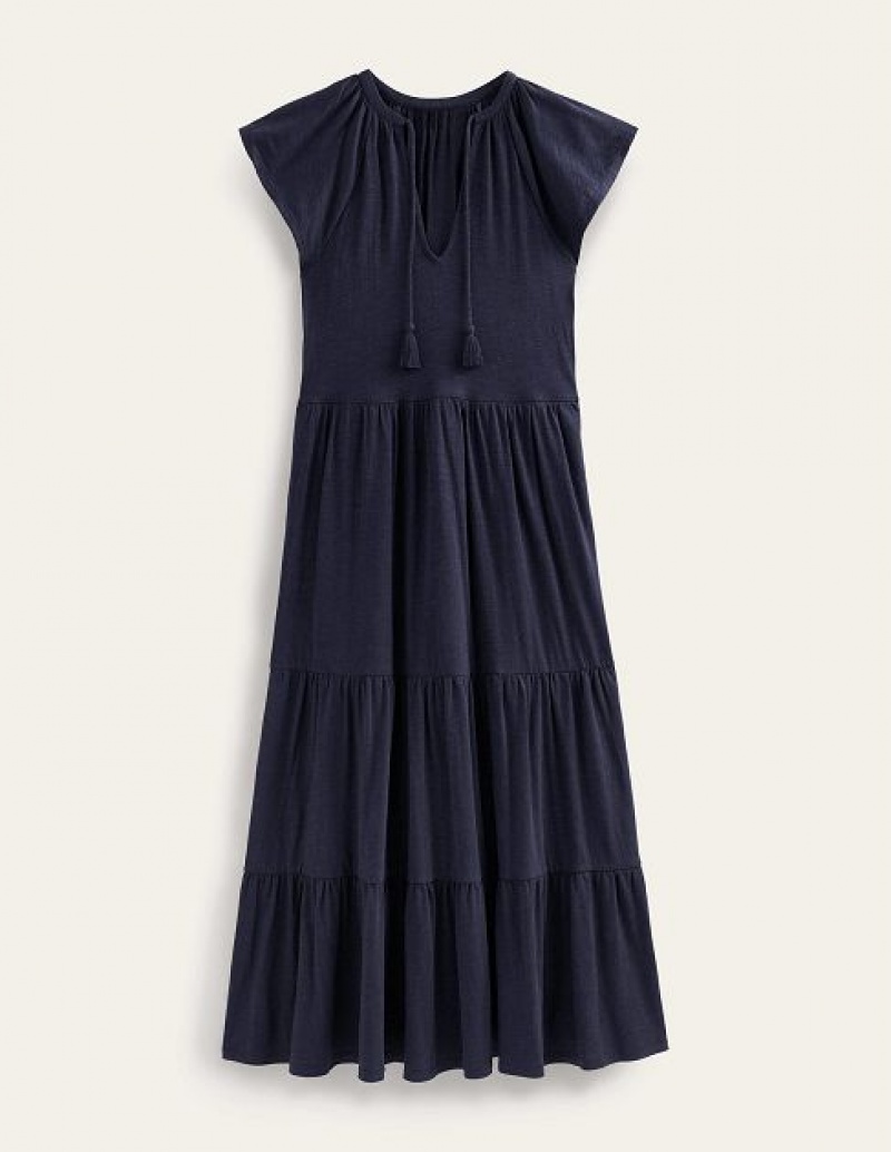 Navy Women's Boden Tiered Jersey Midi Dress | 10382HLEQ