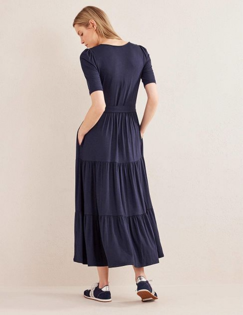 Navy Women's Boden Tiered Wrap Jersey Maxi Dress | 76542IFHE