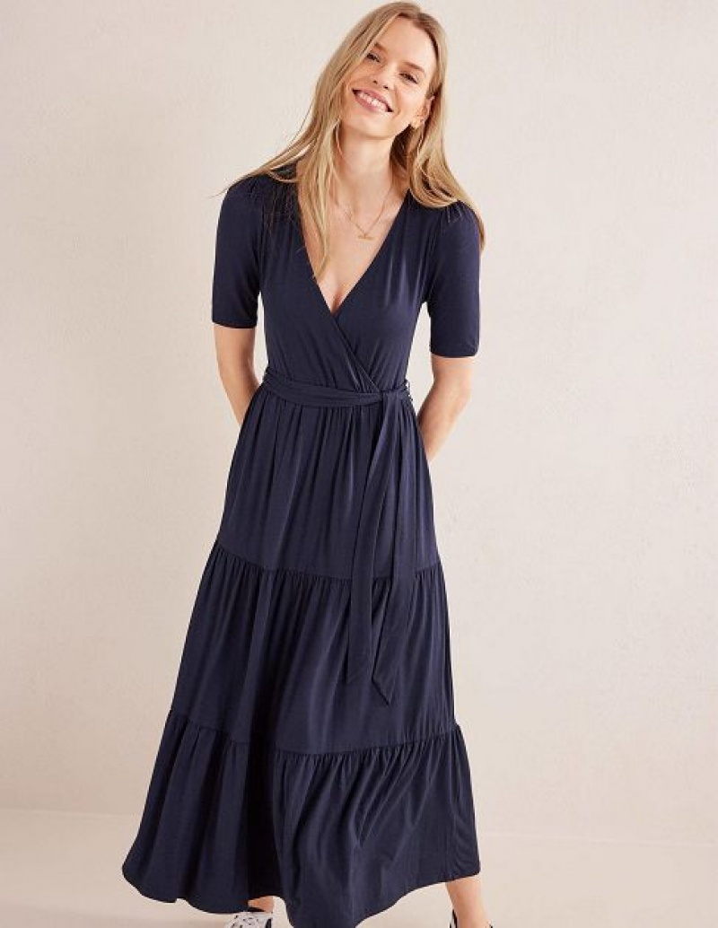 Navy Women's Boden Tiered Wrap Jersey Maxi Dress | 76542IFHE