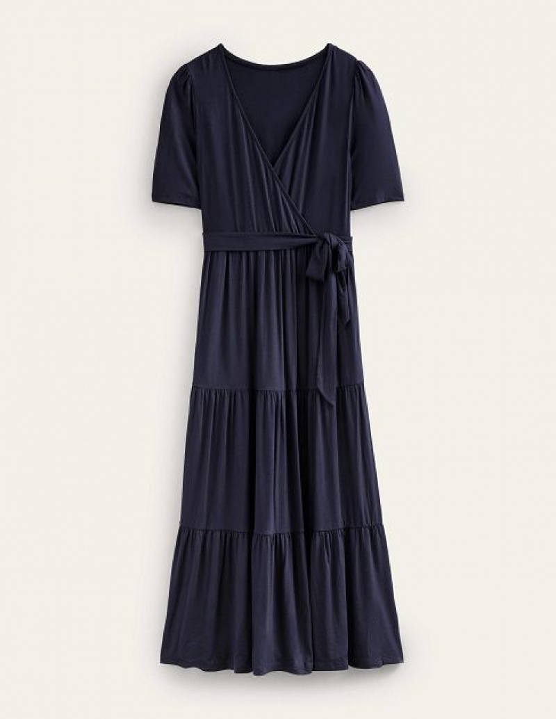 Navy Women's Boden Tiered Wrap Jersey Maxi Dress | 76542IFHE