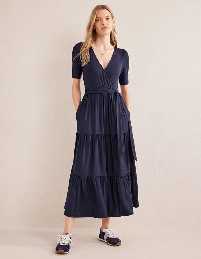 Navy Women\'s Boden Tiered Wrap Jersey Maxi Dress | 76542IFHE