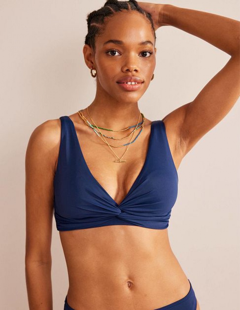 Navy Women's Boden Twist Front Classic Bikini Tops | 50286QBRK