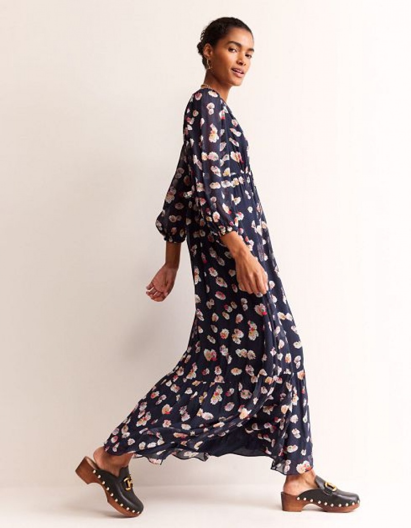 Navy Women's Boden V Neck Puff Maxi Dress | 74081OIWR