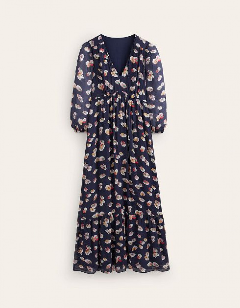 Navy Women's Boden V Neck Puff Maxi Dress | 74081OIWR