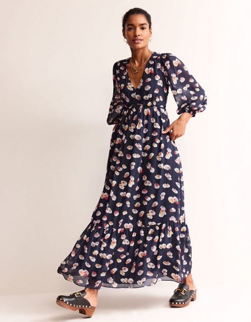 Navy Women\'s Boden V Neck Puff Maxi Dress | 74081OIWR