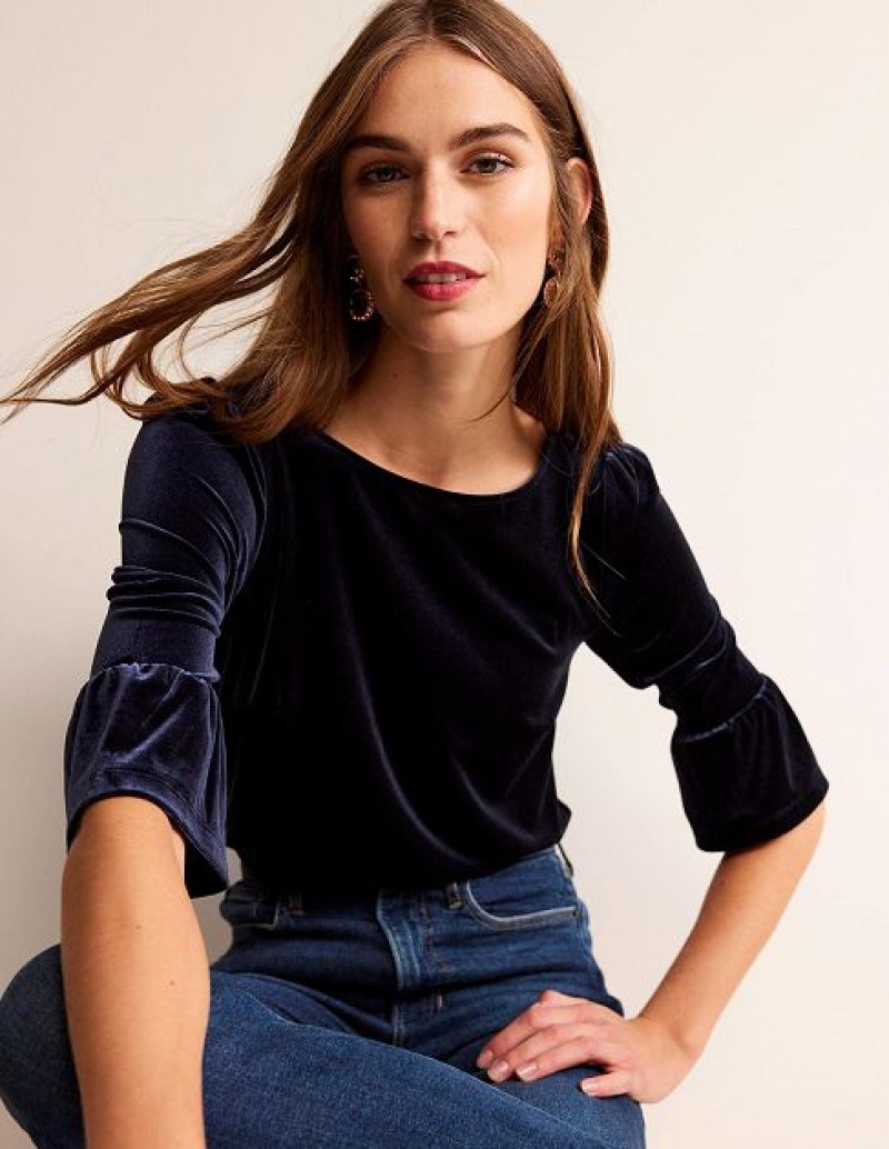 Navy Women's Boden Velvet Ruffle Cuff Tops | 16394XWVS