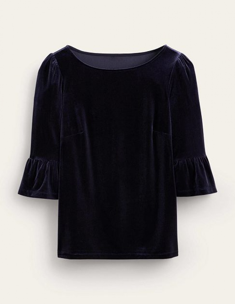 Navy Women's Boden Velvet Ruffle Cuff Tops | 16394XWVS