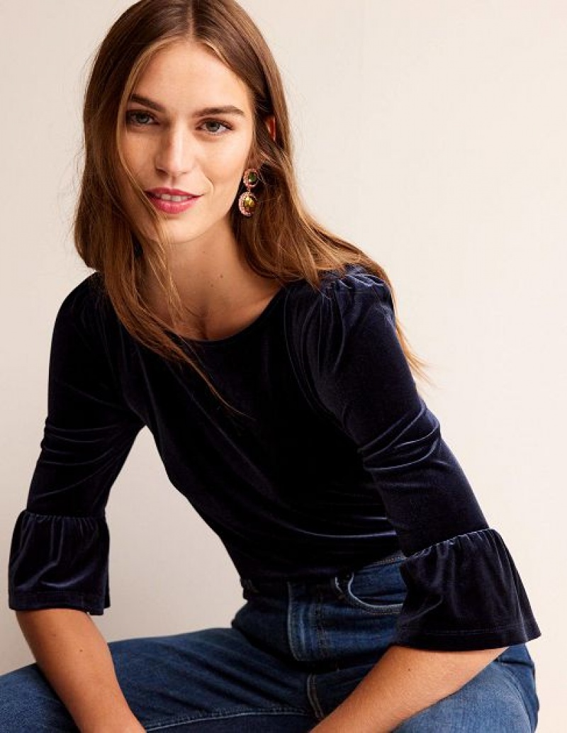 Navy Women\'s Boden Velvet Ruffle Cuff Tops | 16394XWVS