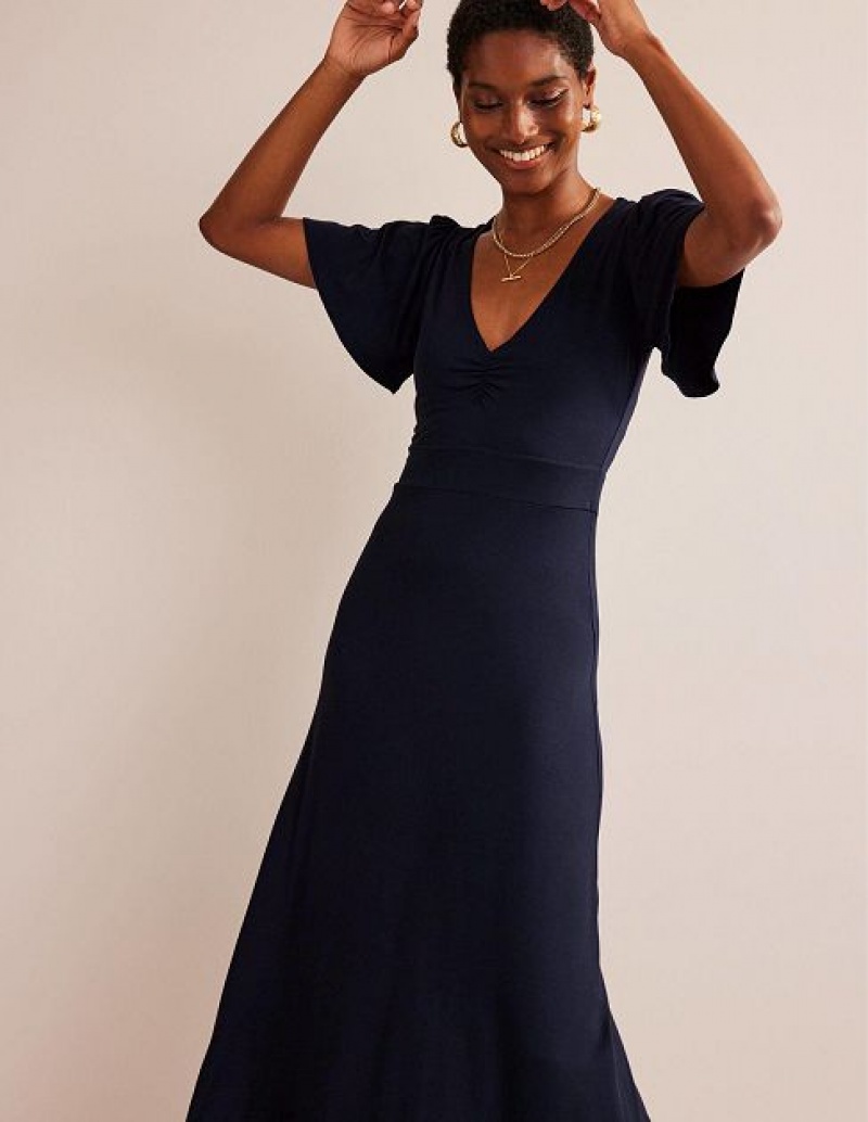 Navy Women's Boden V-neck Jersey Midi Dress | 13524OKEL