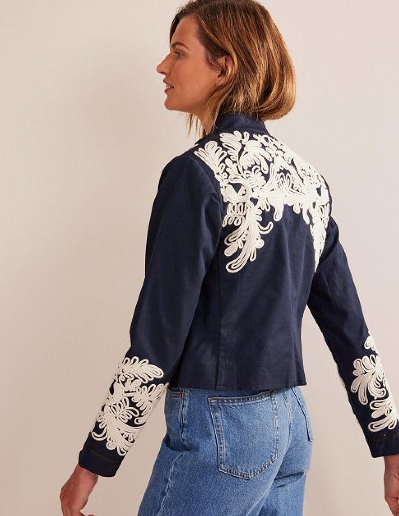 Navy Women's Boden Warwick Embroidered Jackets | 78240PFIT