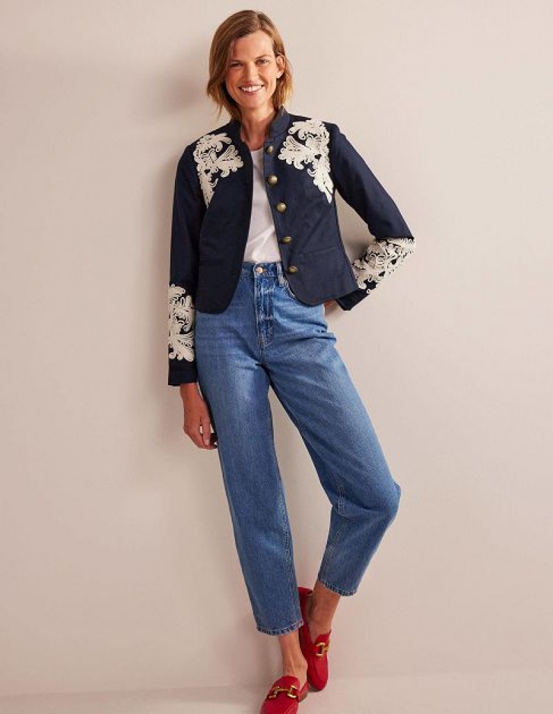 Navy Women's Boden Warwick Embroidered Jackets | 78240PFIT