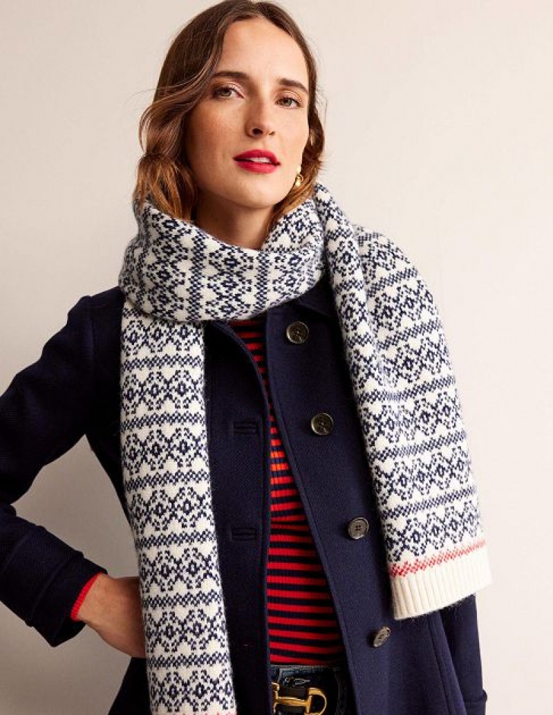 Navy / Beige Women's Boden Fair Isle Wool Scarf | 73150RTAJ