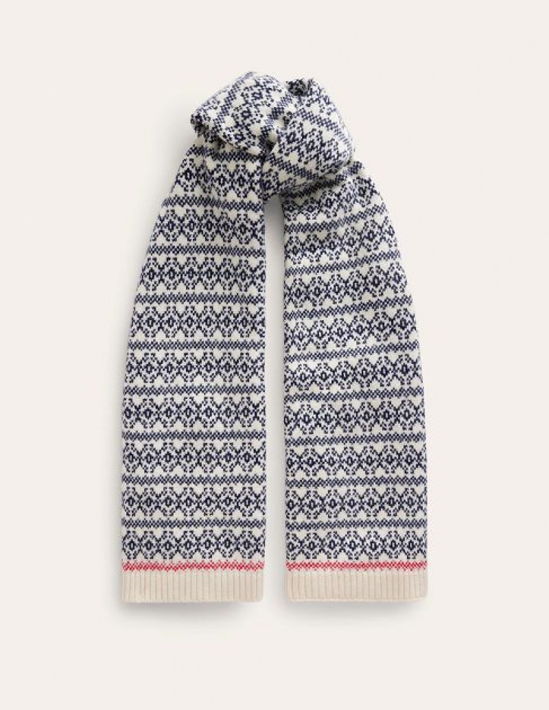 Navy / Beige Women\'s Boden Fair Isle Wool Scarf | 73150RTAJ