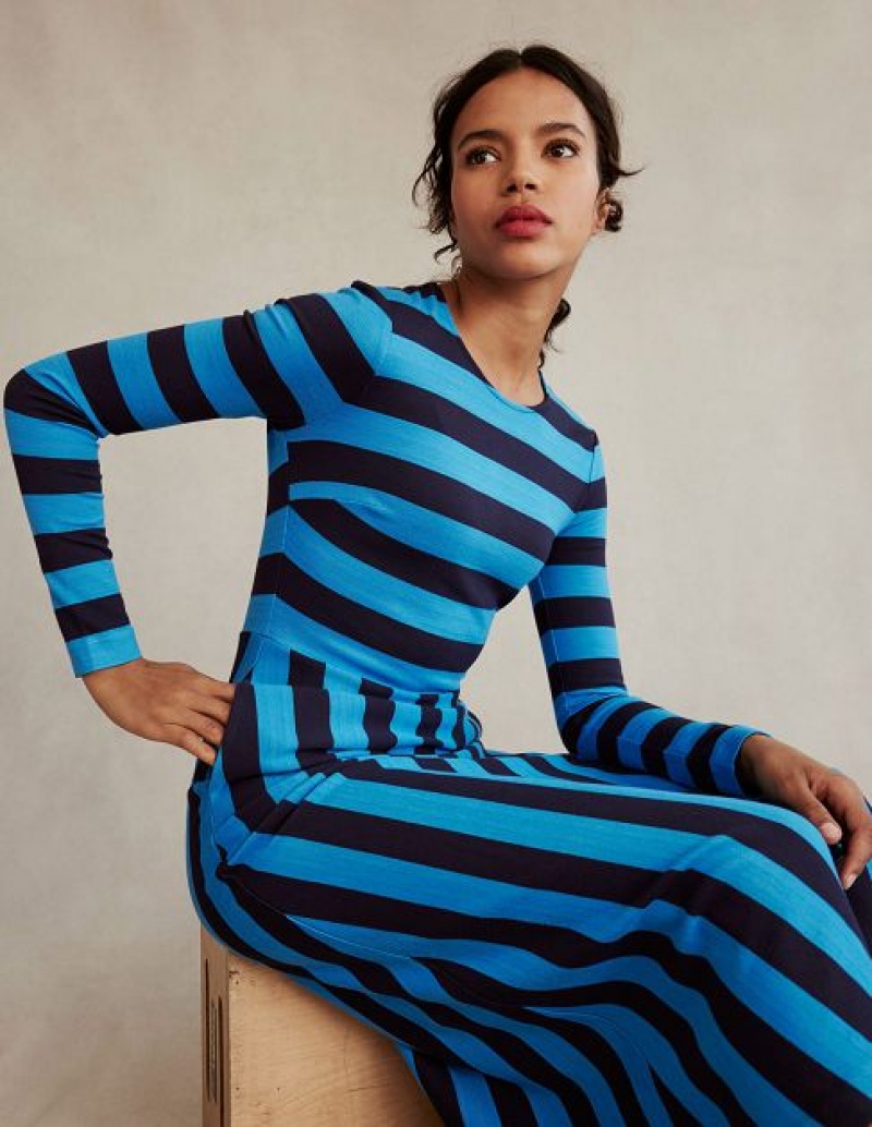 Navy / Blue Stripes Women's Boden Stripe Jersey Midi Dress | 70419FURC