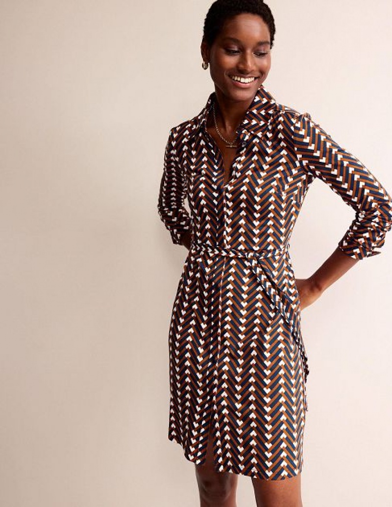 Navy / Brown / White Women's Boden Jessie Jersey Shirt Dress | 25146QHCR