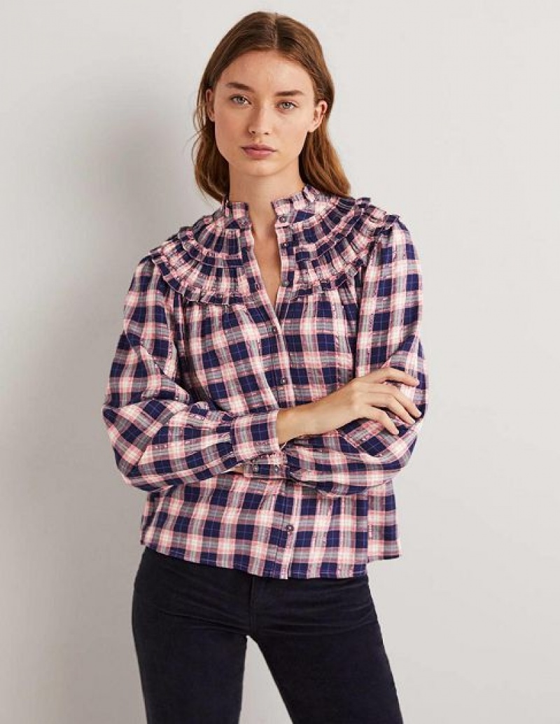 Navy / Copper Women's Boden Frilled High Neck Shirts | 82365TKLP