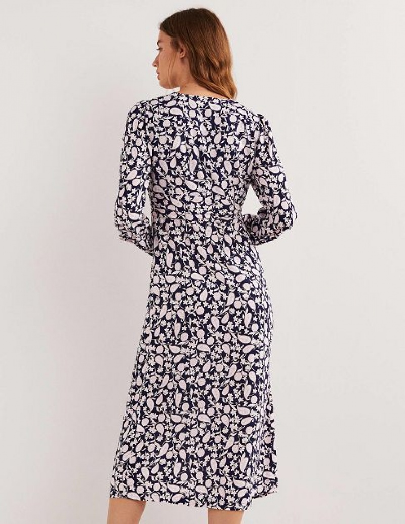 Navy / Flower Women's Boden Button Through Midi Dress | 02756KVRT