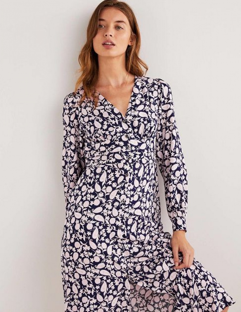 Navy / Flower Women's Boden Button Through Midi Dress | 02756KVRT