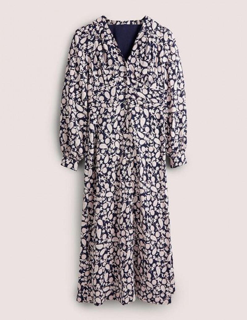 Navy / Flower Women's Boden Button Through Midi Dress | 02756KVRT