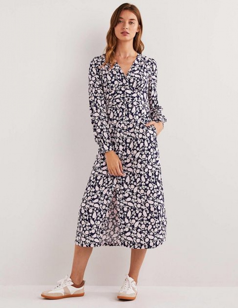 Navy / Flower Women\'s Boden Button Through Midi Dress | 02756KVRT