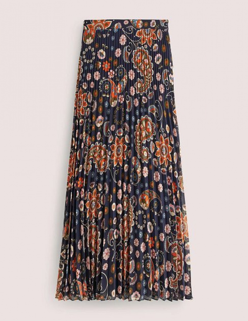 Navy / Flower Women's Boden Pleated Georgette Maxi Dress | 87012XWCO