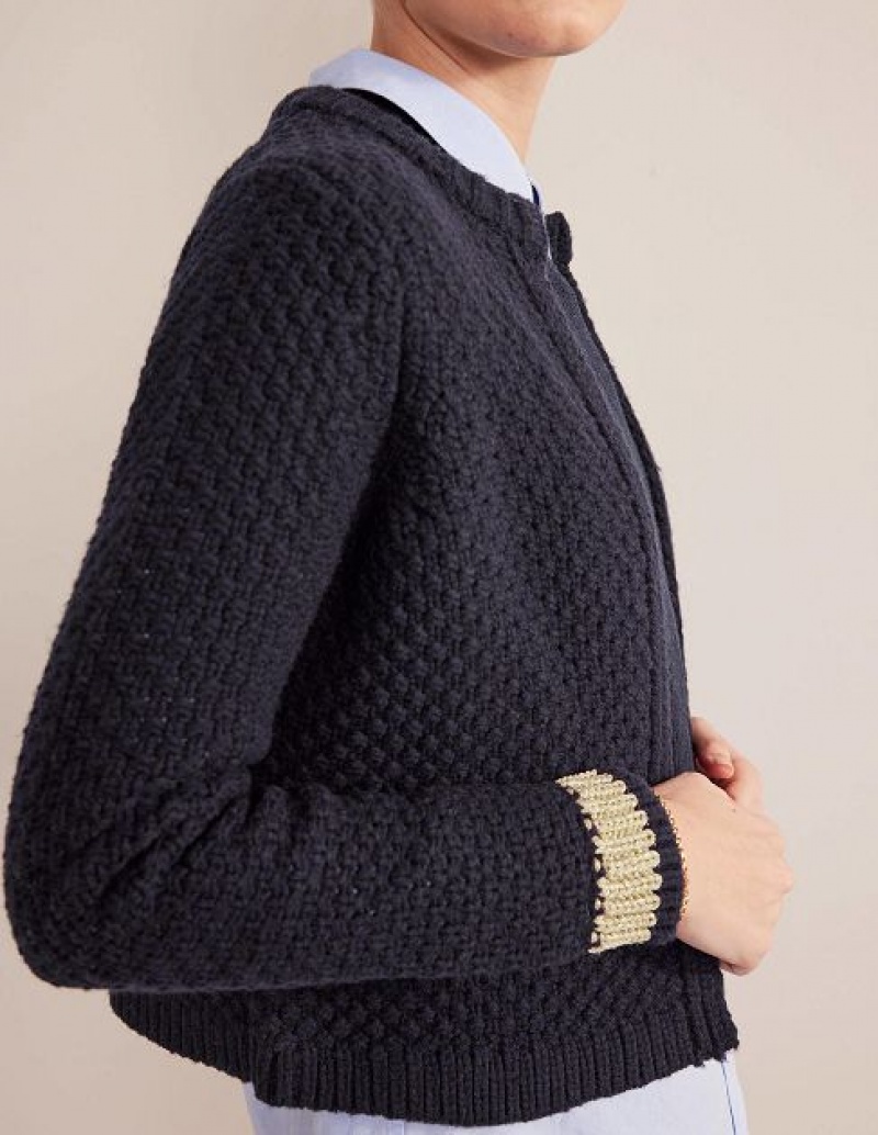 Navy / Gold Women's Boden Textured Chunky Wool Cardigan | 46218TLCK