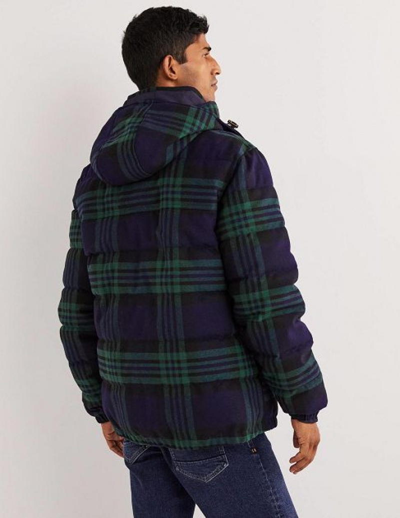 Navy / Green Men's Boden Check Puffer Jackets | 80672XHIU