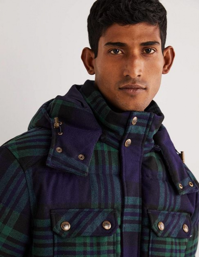 Navy / Green Men's Boden Check Puffer Jackets | 80672XHIU